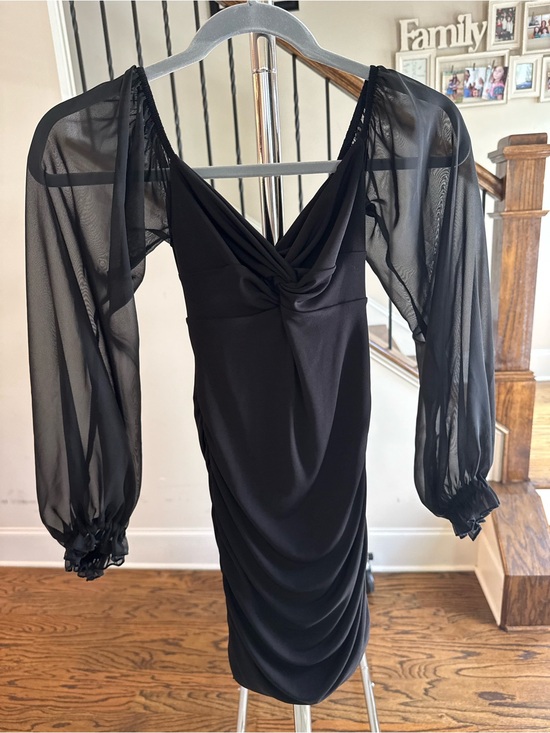 Lucy in the Sky Dresses & Skirts - Lucy in the Sky Black Draped Mini Dress with Sheer Bishop Sleeves